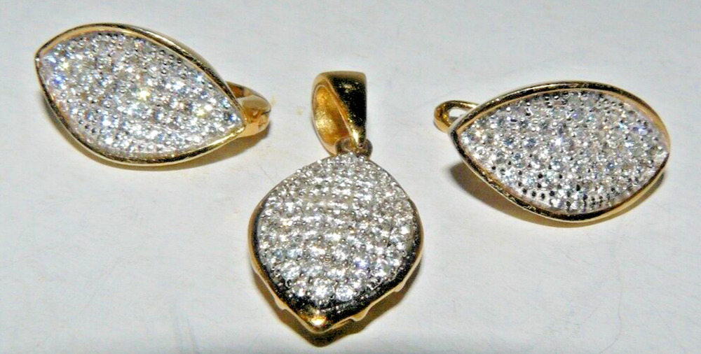 Pave Diamond Covered Leaf Shaped Pendant & Earrings Set YGP 925 Sterling Silver